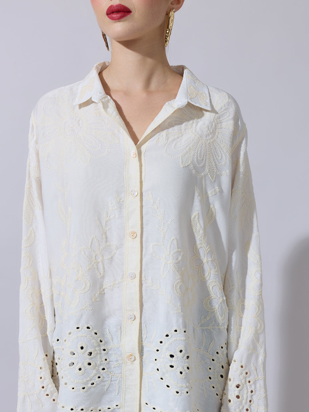 Women's Textured Cream Embroidered Shirt