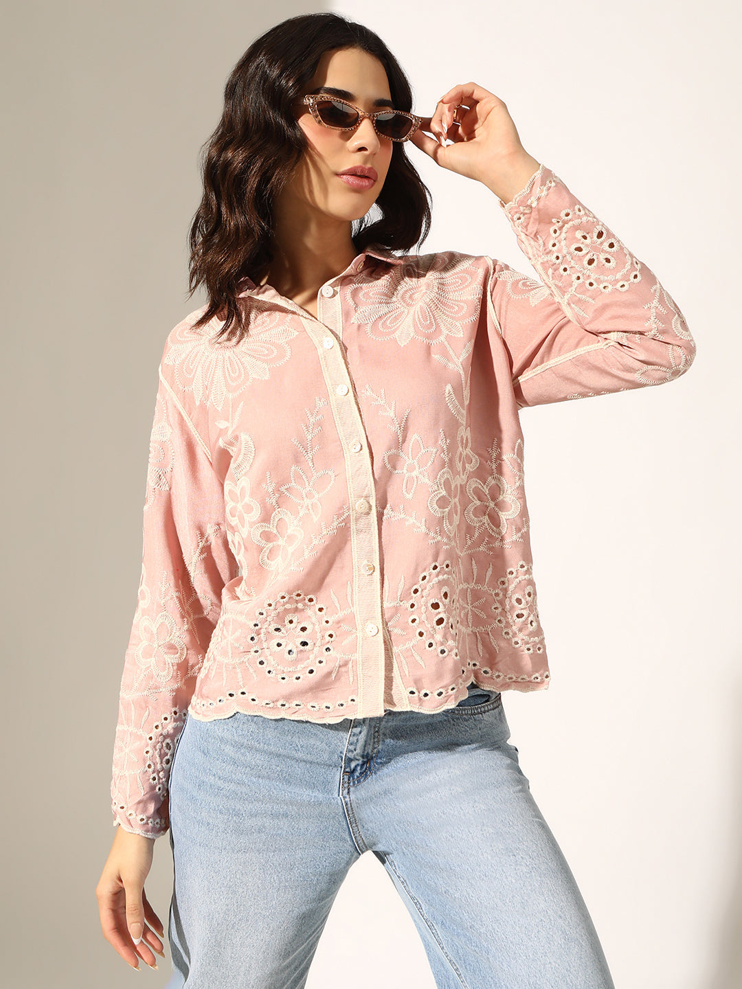 Women's Floral Embroidered Pink Relaxed Fit Button-Down Shirt