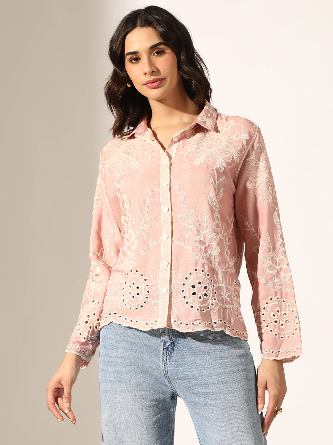 Women's Floral Embroidered Pink Relaxed Fit Button-Down Shirt