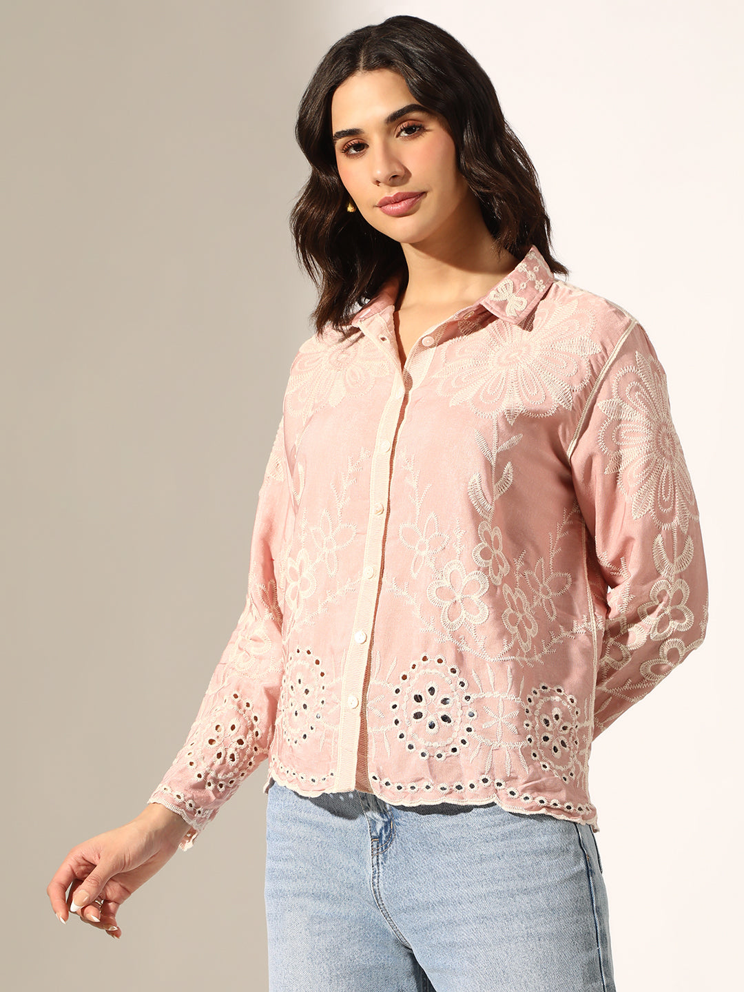 Women's Floral Embroidered Pink Relaxed Fit Button-Down Shirt