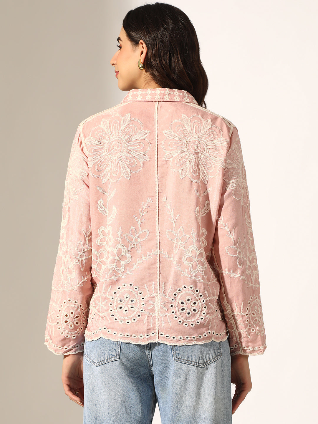 Women's Floral Embroidered Pink Relaxed Fit Button-Down Shirt
