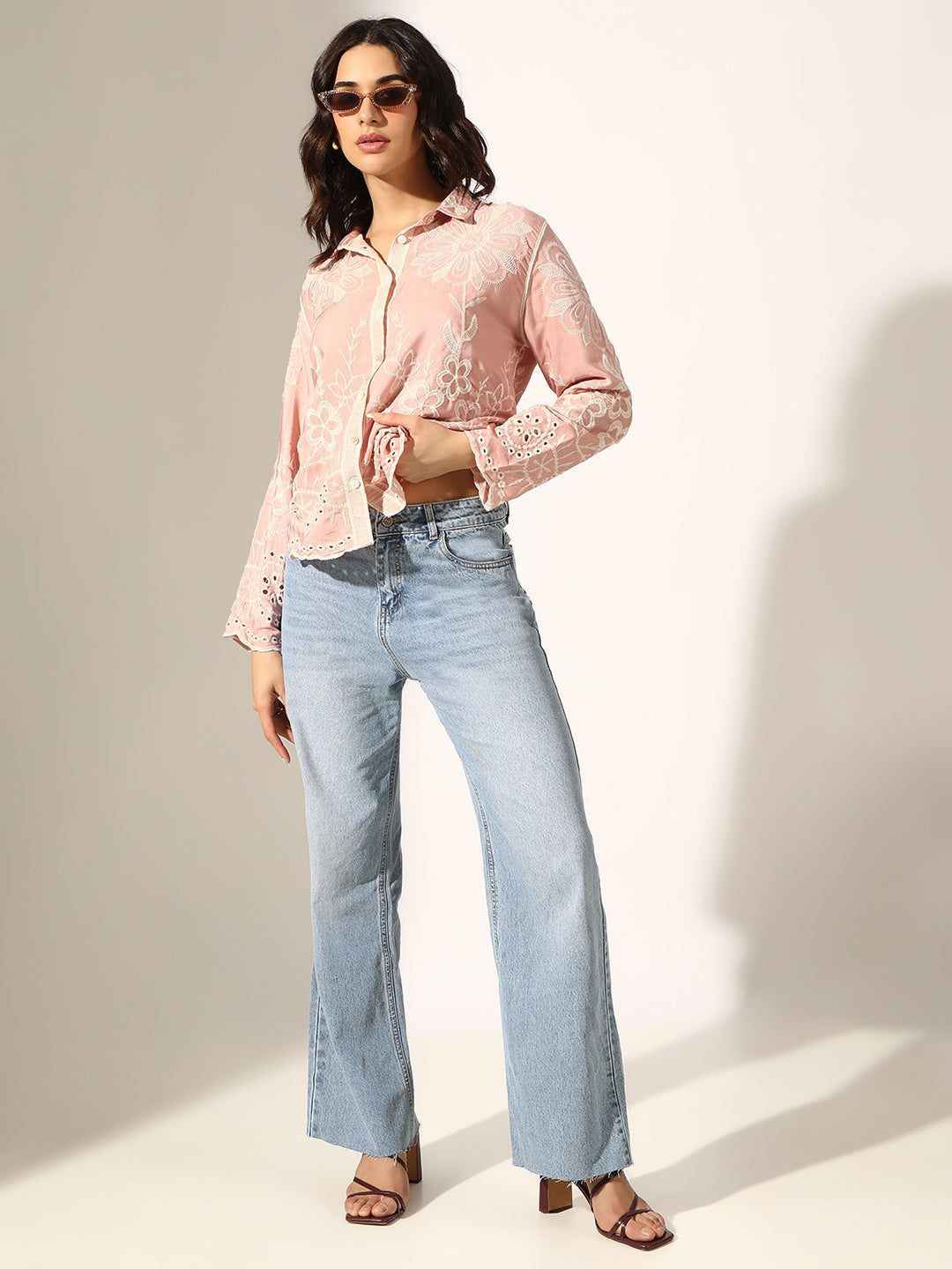Women's Floral Embroidered Pink Relaxed Fit Button-Down Shirt