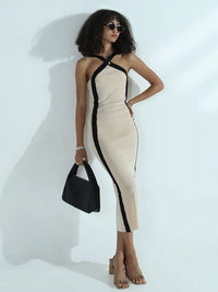 Women's Ribbed Beige Halter Neck Bodycon Dress with Black Stripes