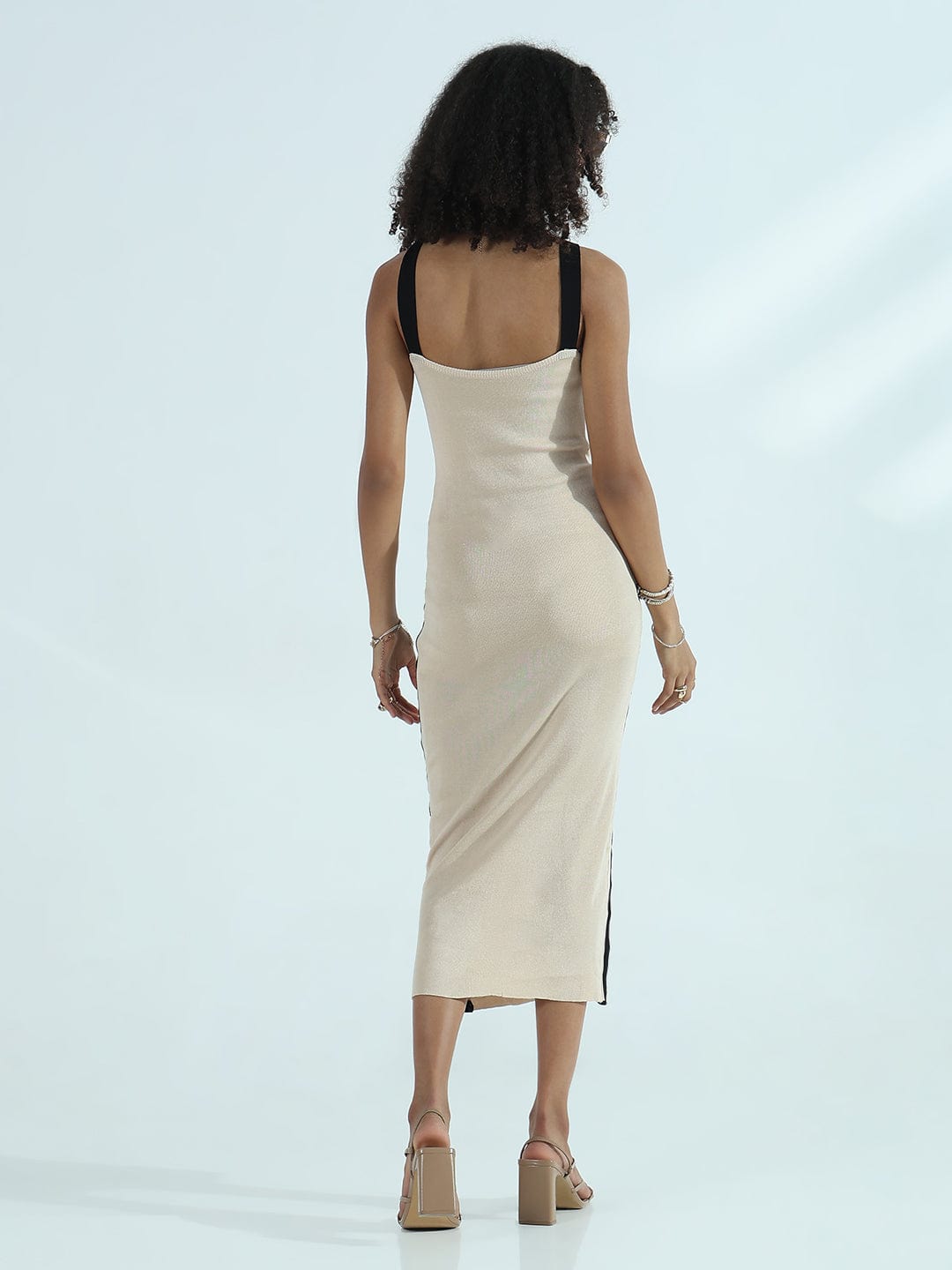 Women's Ribbed Beige Halter Neck Bodycon Dress with Black Stripes