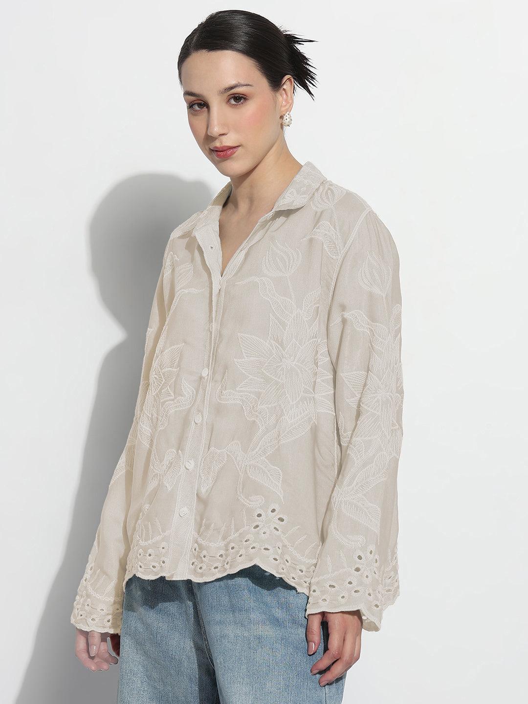 Women's Floral Embroidered Beige Relaxed Fit Shirt