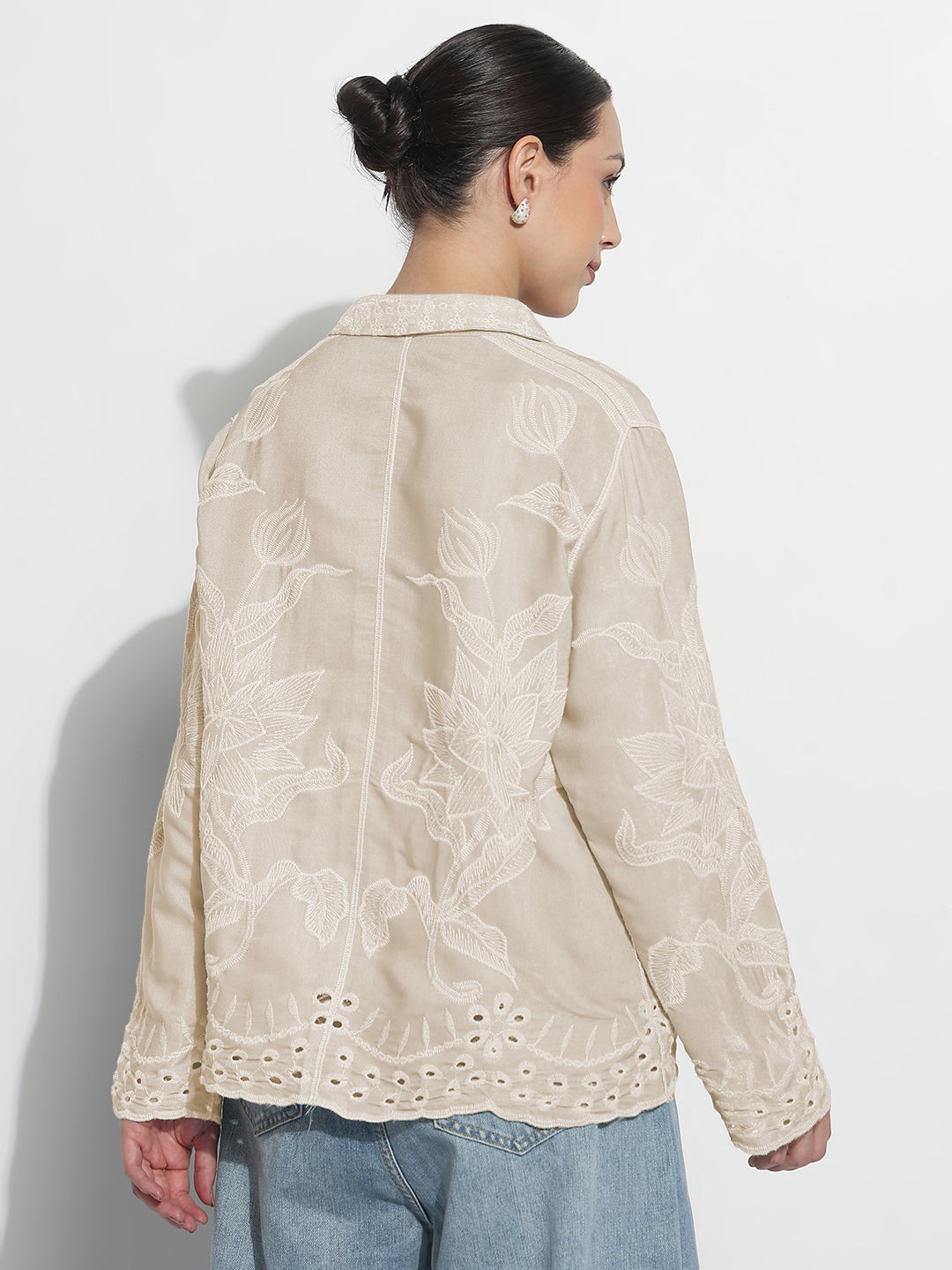 Women's Floral Embroidered Beige Relaxed Fit Shirt