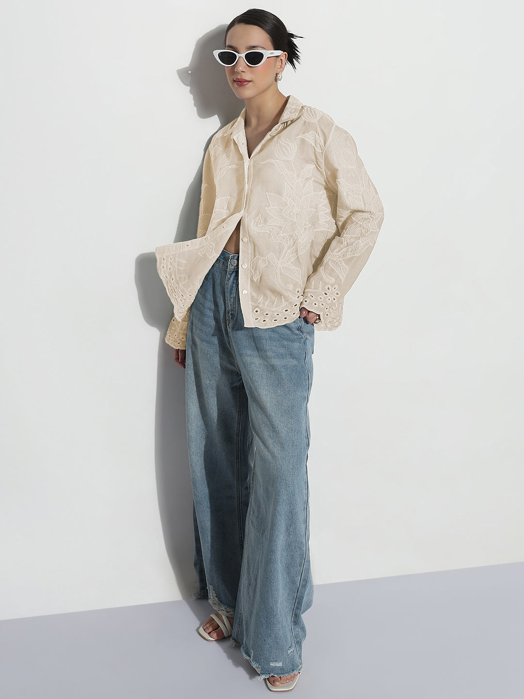 Women's Floral Embroidered Beige Relaxed Fit Shirt