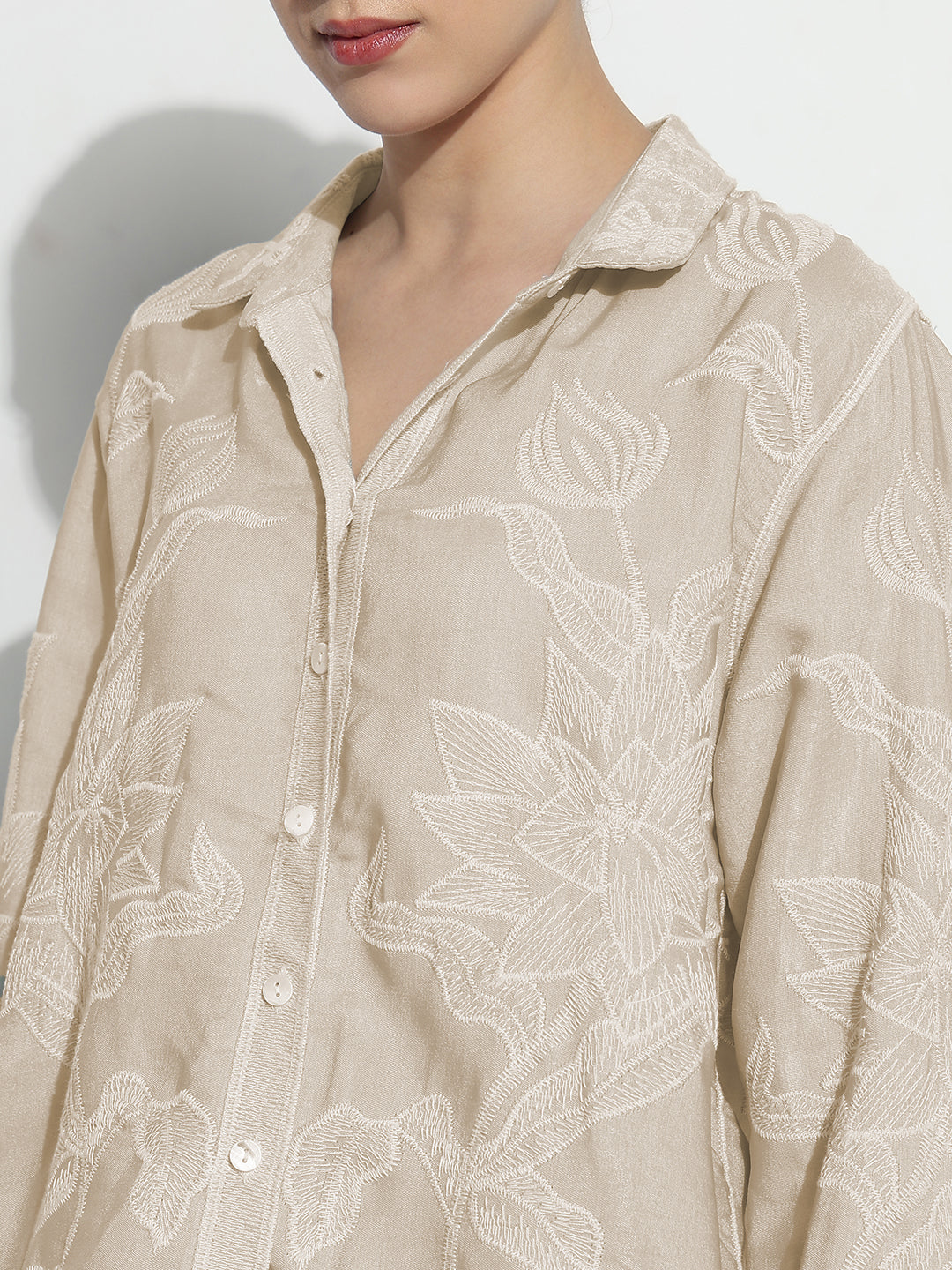 Women's Floral Embroidered Beige Relaxed Fit Shirt
