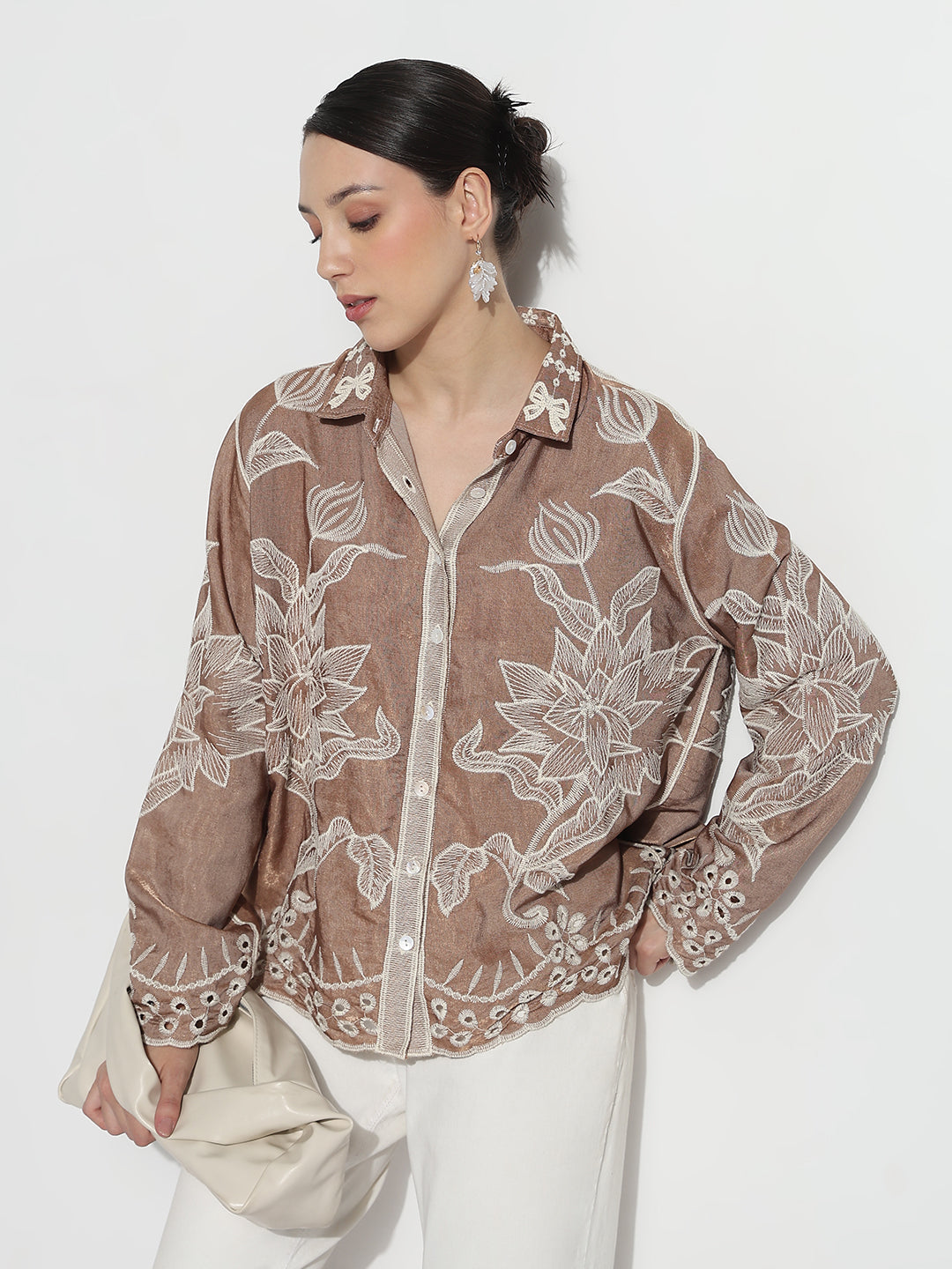 Women's Floral Embroidered Brown Relaxed Fit Shirt