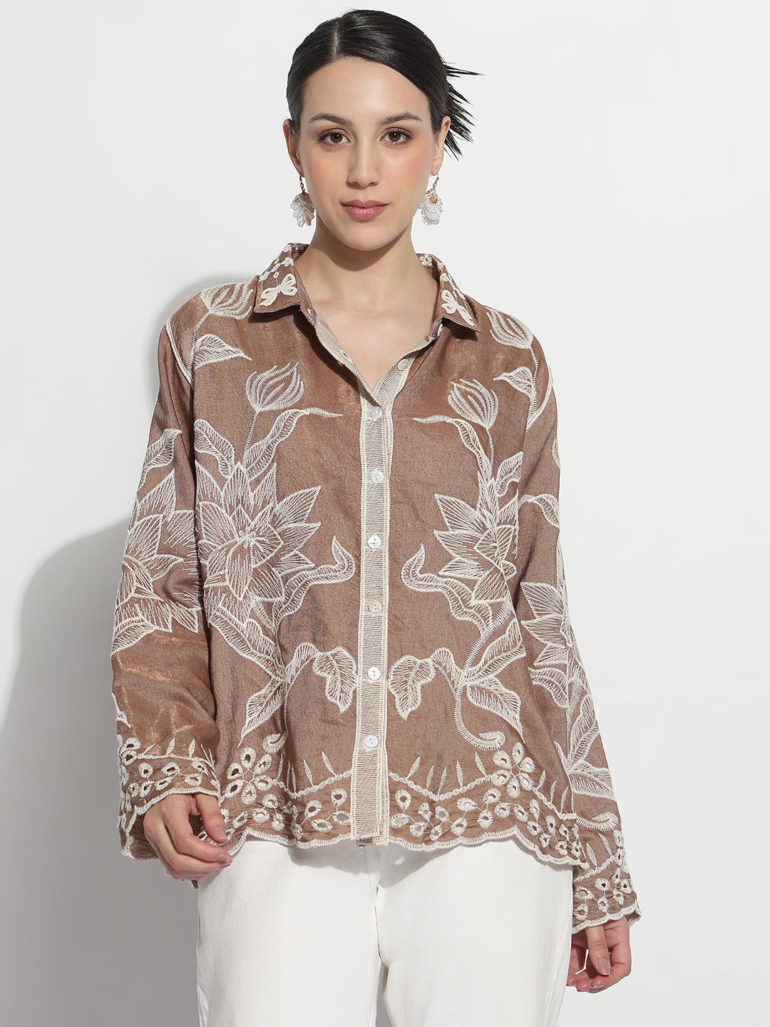 Women's Floral Embroidered Brown Relaxed Fit Shirt