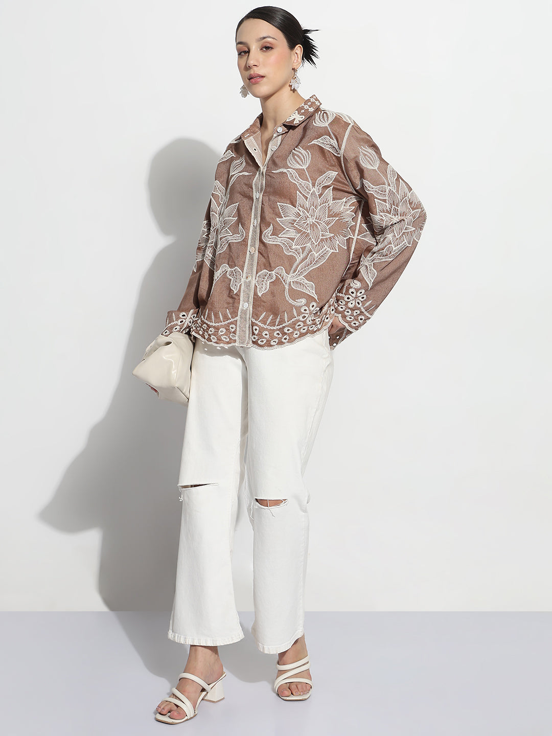 Women's Floral Embroidered Brown Relaxed Fit Shirt