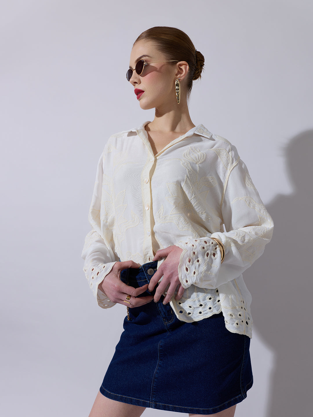 Women's Textured Cream Embroidered Shirt