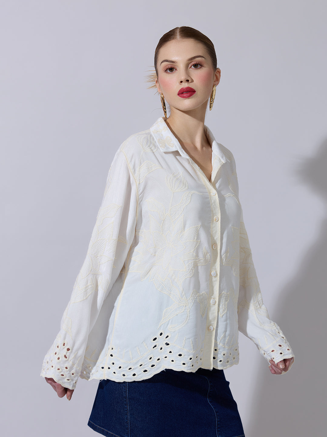 Women's Textured Cream Embroidered Shirt