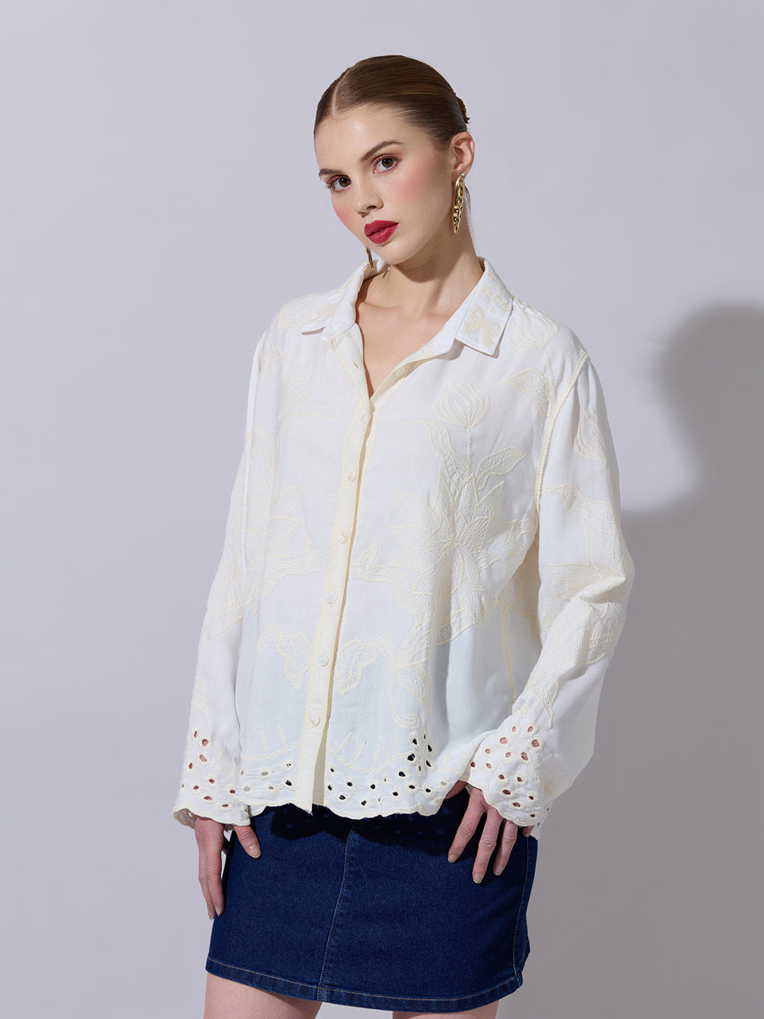 Women's Textured Cream Embroidered Shirt