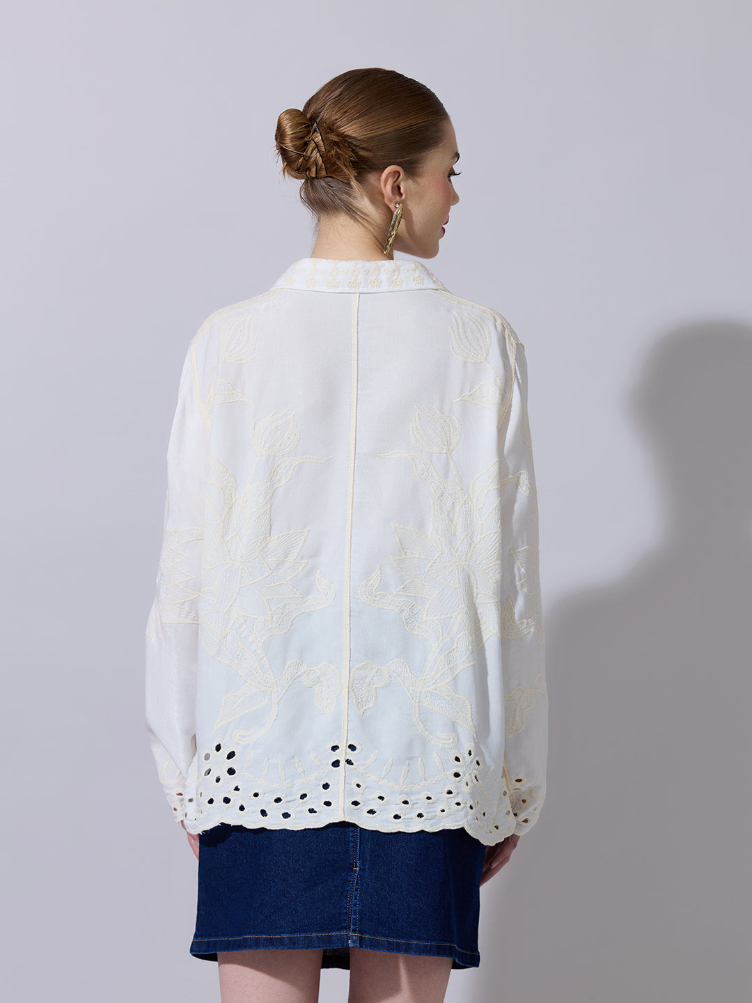 Women's Textured Cream Embroidered Shirt