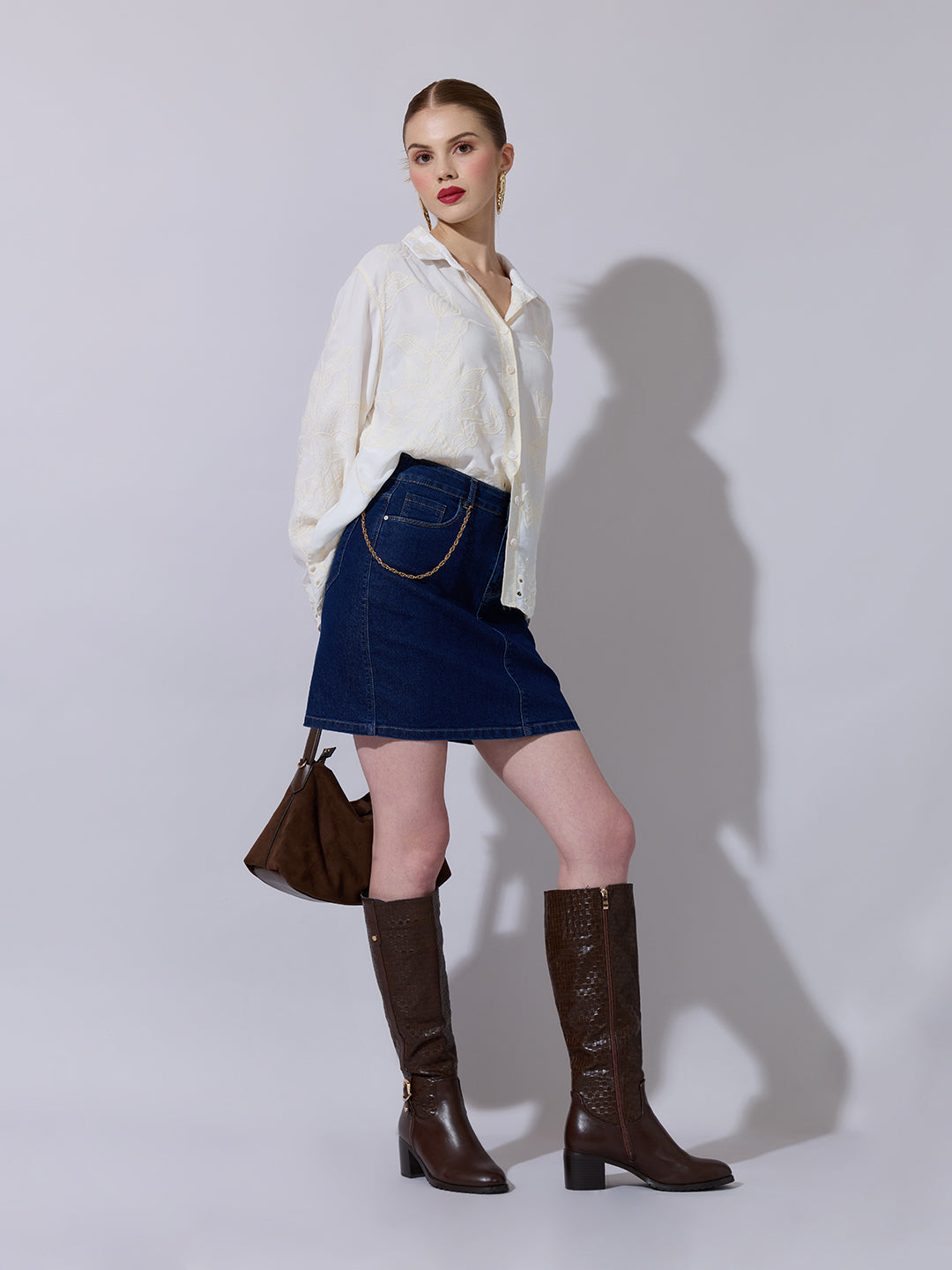 Women's Textured Cream Embroidered Shirt