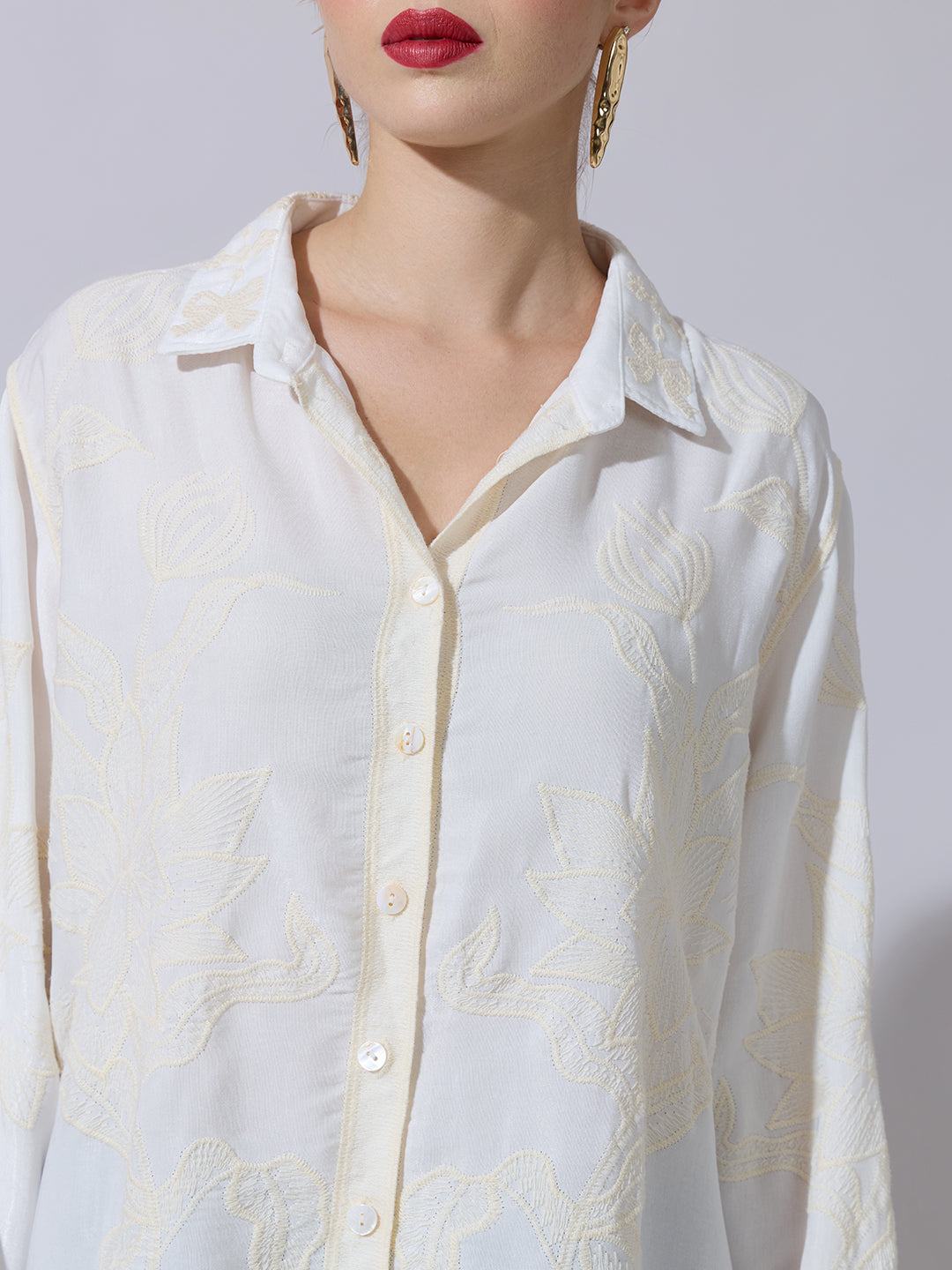 Women's Textured Cream Embroidered Shirt