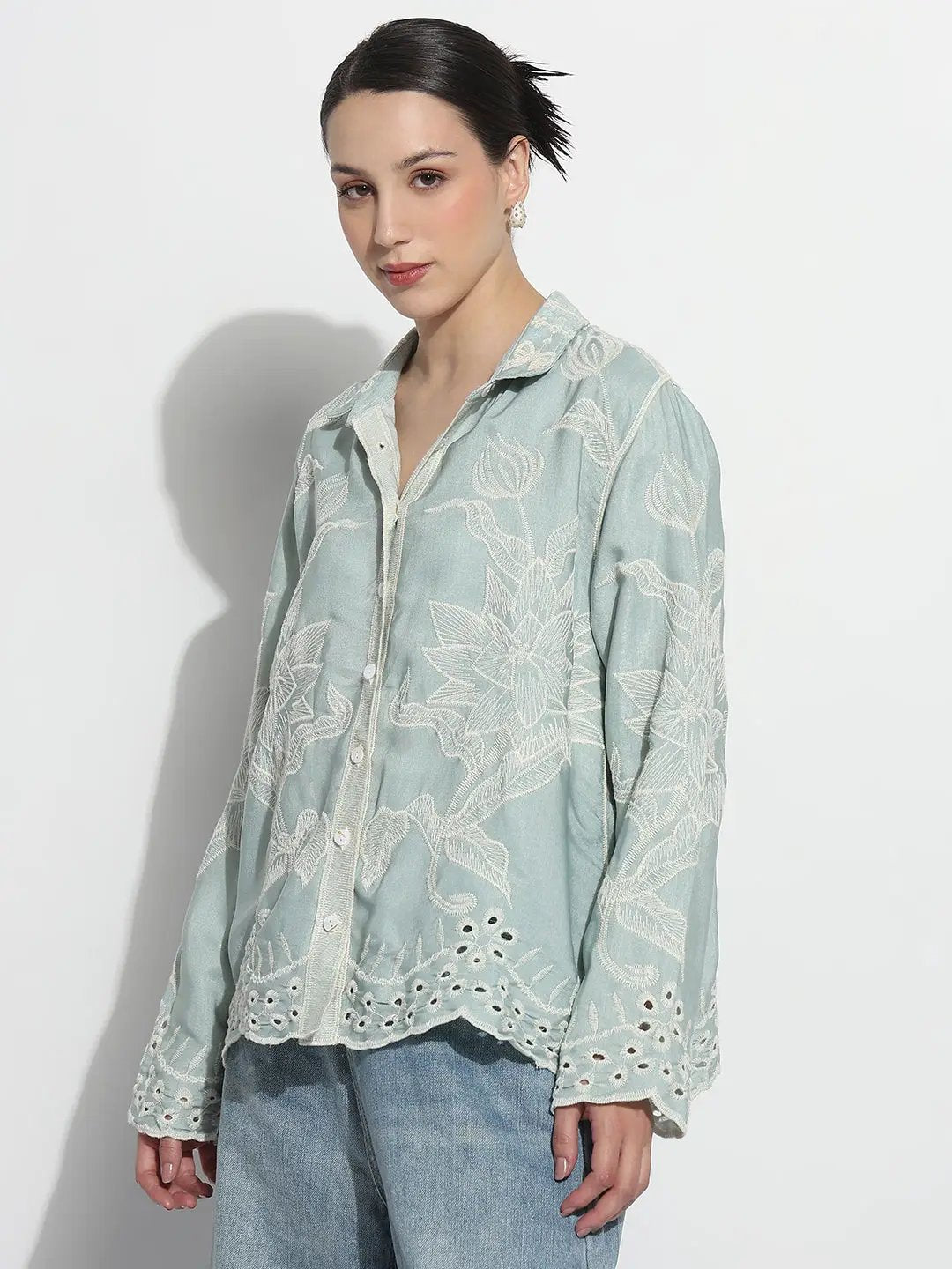 Women's Floral Embroidered Sea Green Relaxed Fit Shirt - from SHOWOFFFF