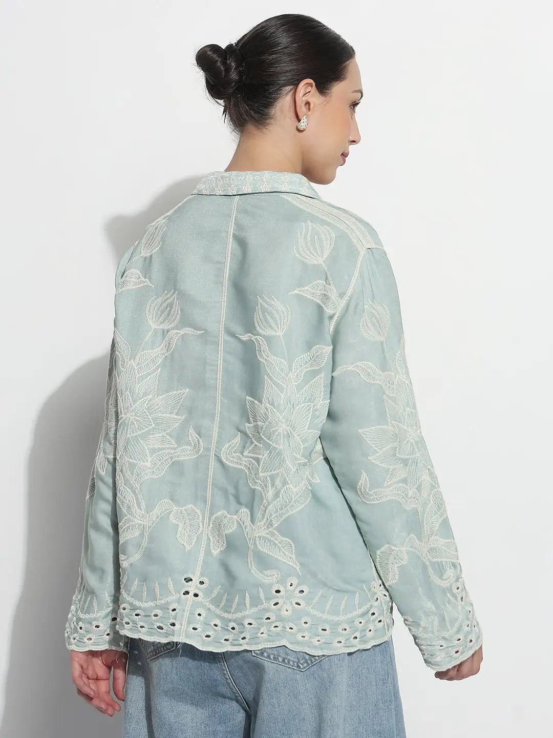 Women's Floral Embroidered Sea Green Relaxed Fit Shirt - from SHOWOFFFF