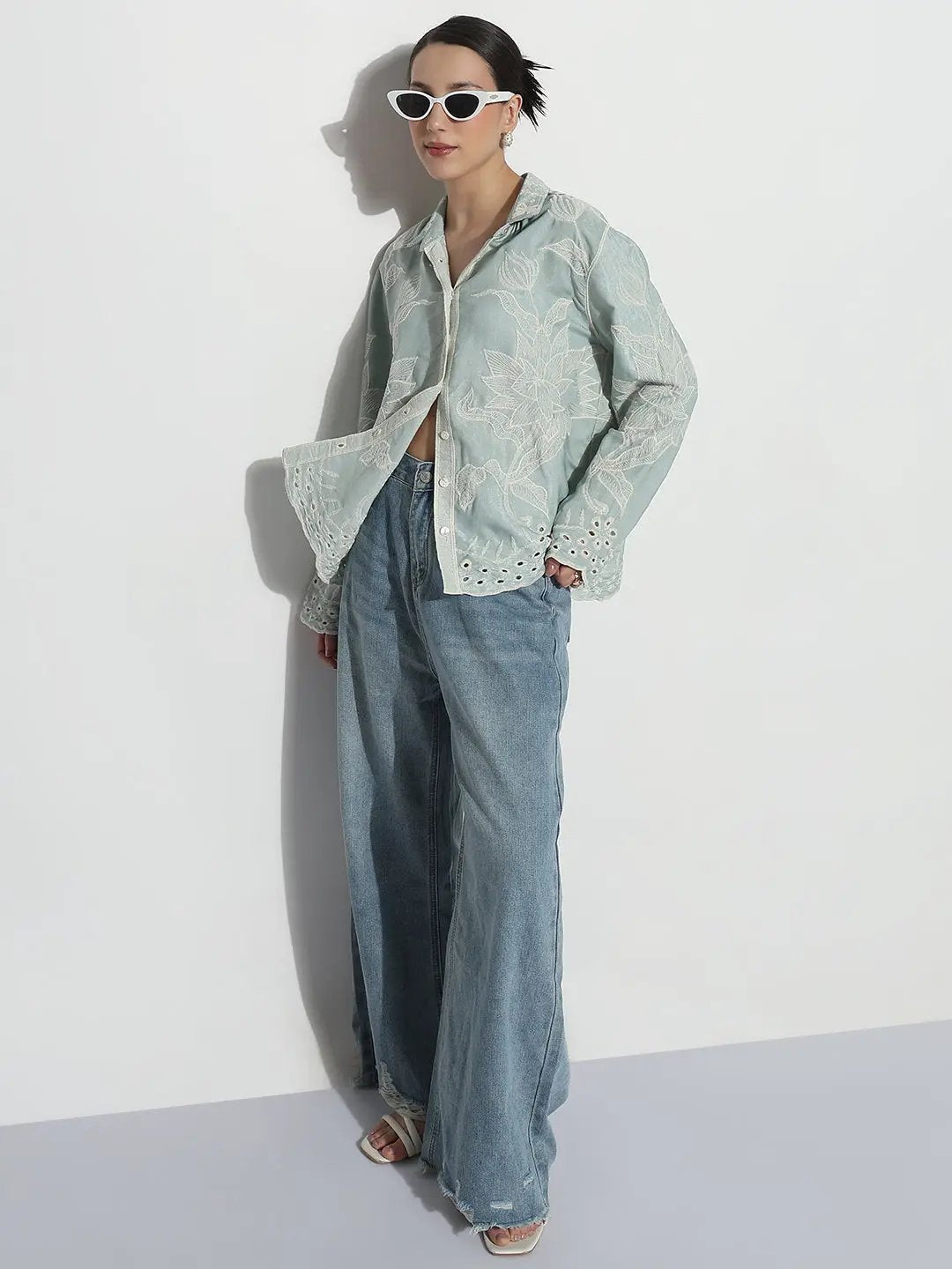 Women's Floral Embroidered Sea Green Relaxed Fit Shirt - from SHOWOFFFF