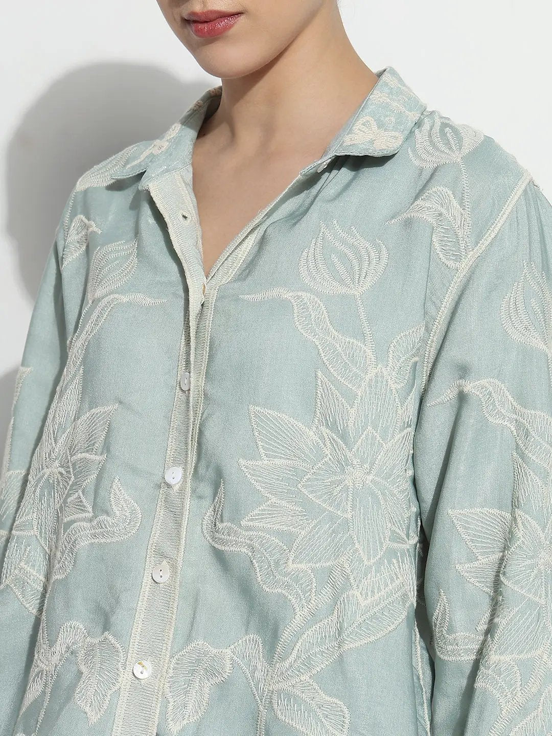 Women's Floral Embroidered Sea Green Relaxed Fit Shirt - from SHOWOFFFF