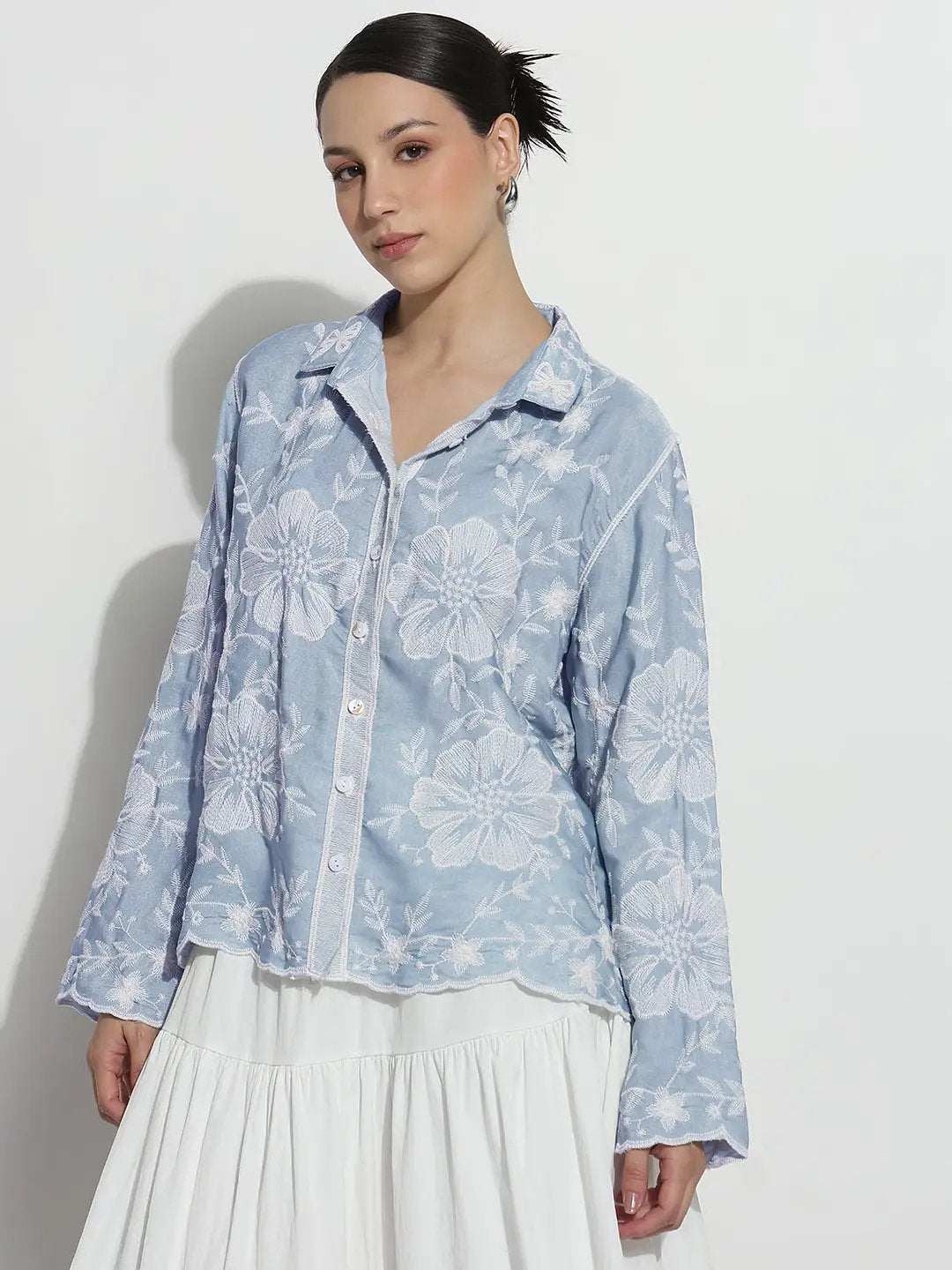 Women's Floral Embroidered Blue Relaxed Fit Shirt - from SHOWOFFFF
