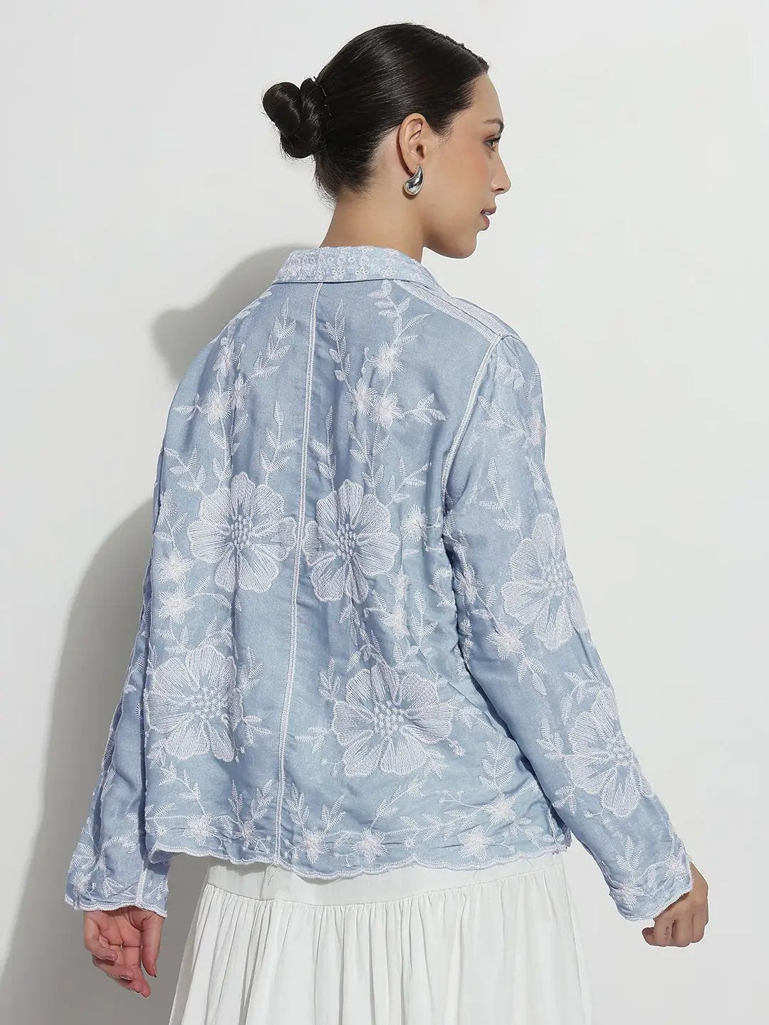 Women's Floral Embroidered Blue Relaxed Fit Shirt - from SHOWOFFFF