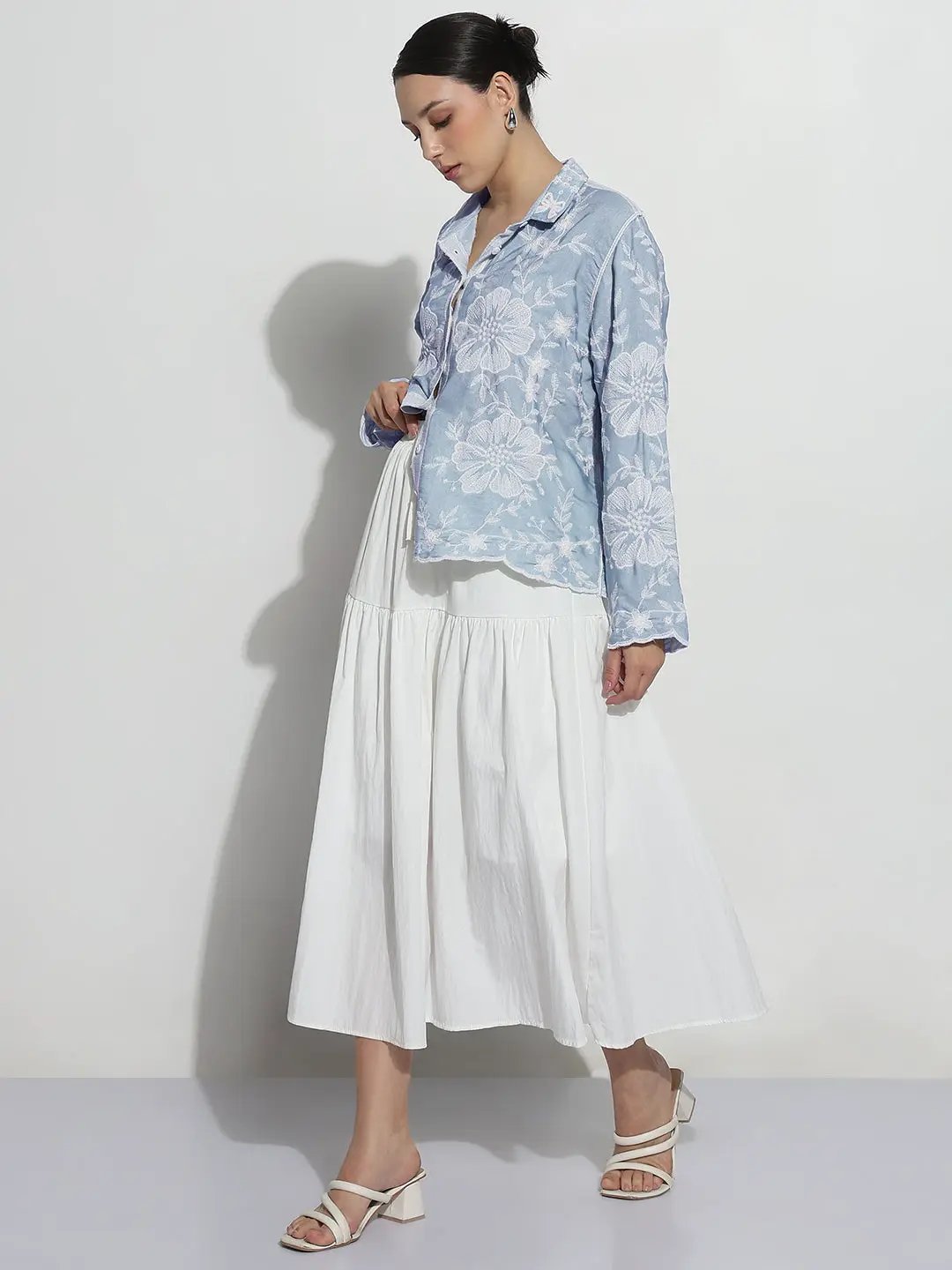 Women's Floral Embroidered Blue Relaxed Fit Shirt - from SHOWOFFFF