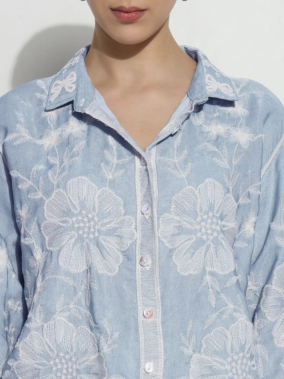 Women's Floral Embroidered Blue Relaxed Fit Shirt - from SHOWOFFFF