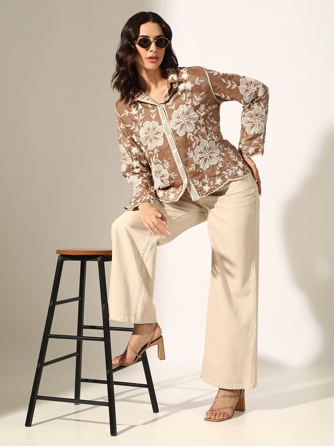 Women's Floral Embroidered Brown Relaxed Fit Button-Down Shirt