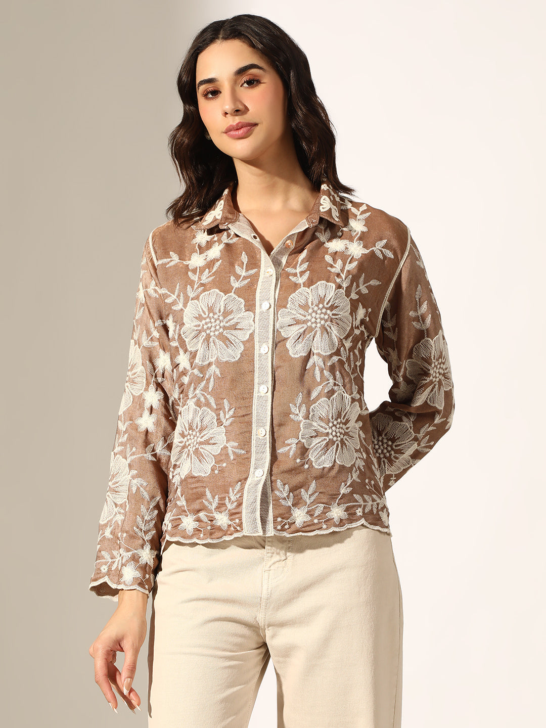 Women's Floral Embroidered Brown Relaxed Fit Button-Down Shirt