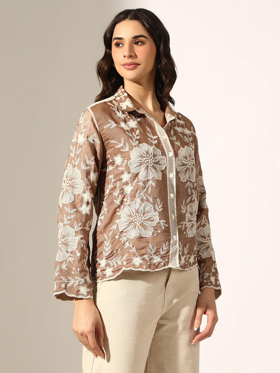 Women's Floral Embroidered Brown Relaxed Fit Button-Down Shirt