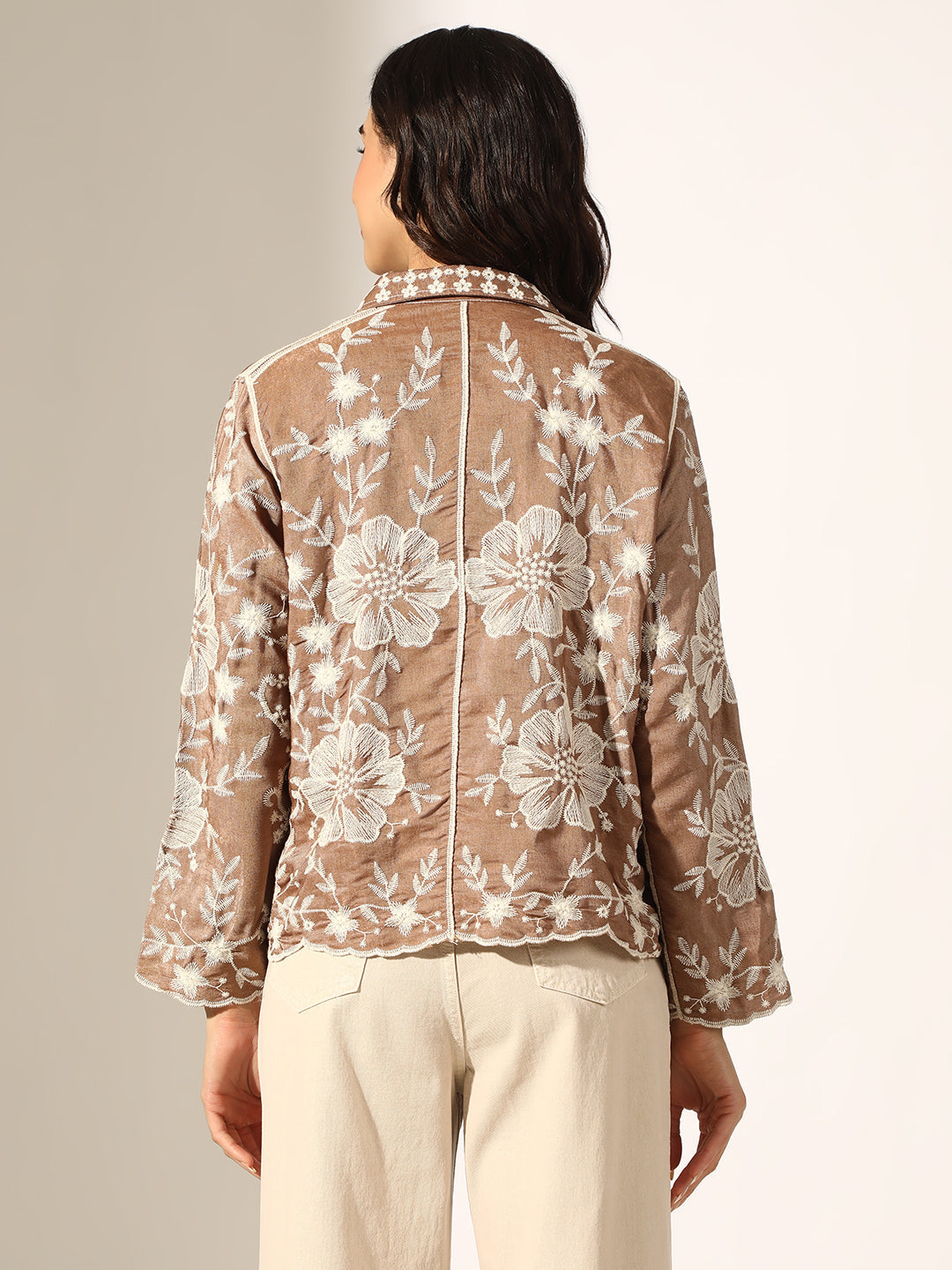 Women's Floral Embroidered Brown Relaxed Fit Button-Down Shirt