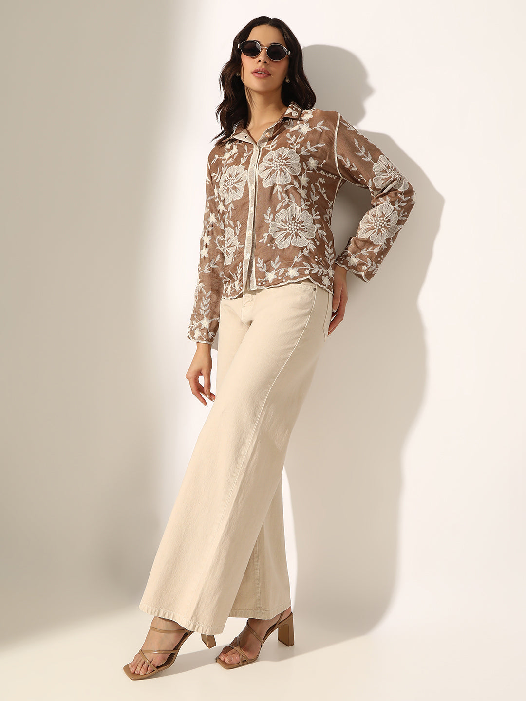 Women's Floral Embroidered Brown Relaxed Fit Button-Down Shirt