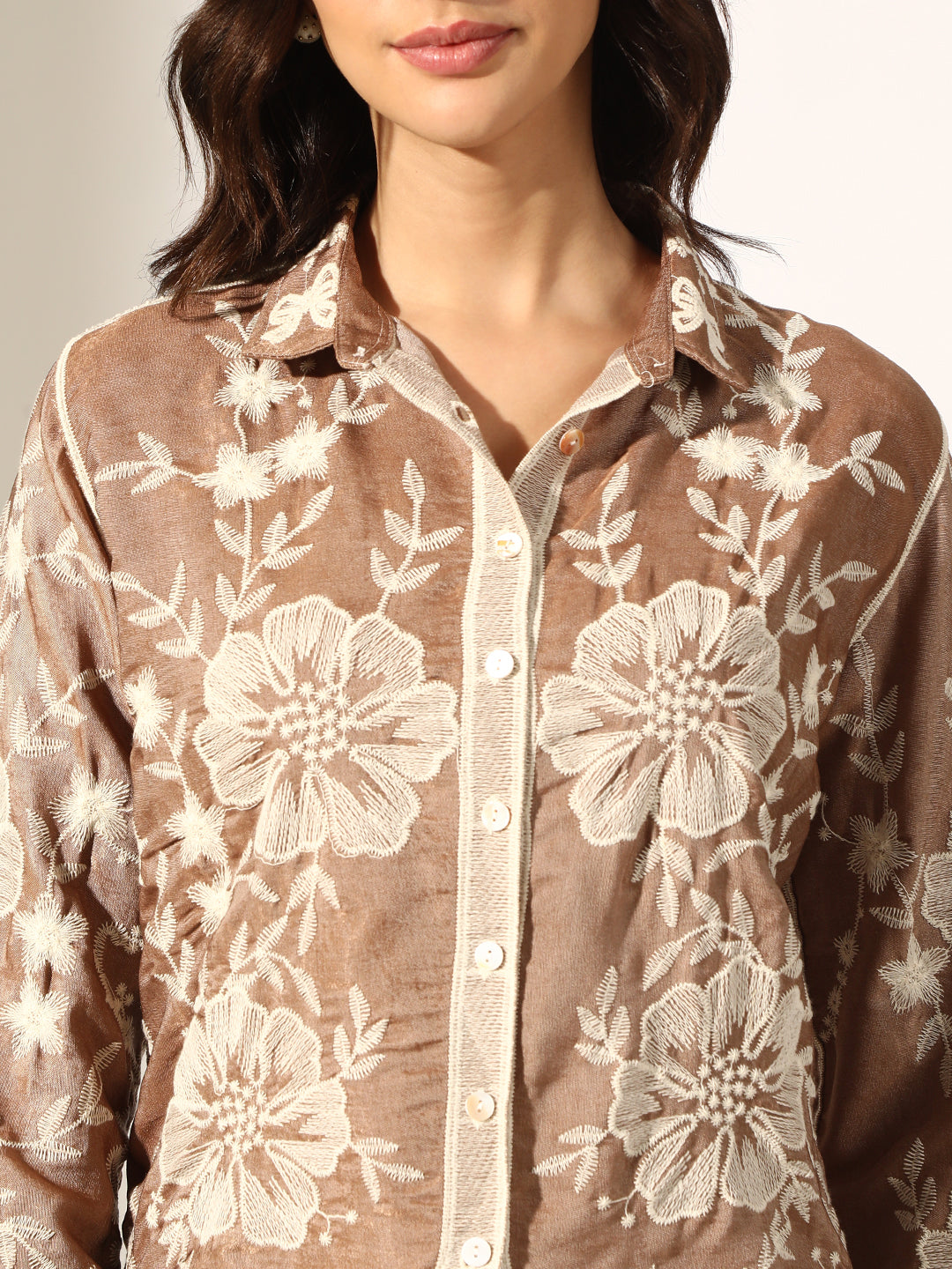 Women's Floral Embroidered Brown Relaxed Fit Button-Down Shirt