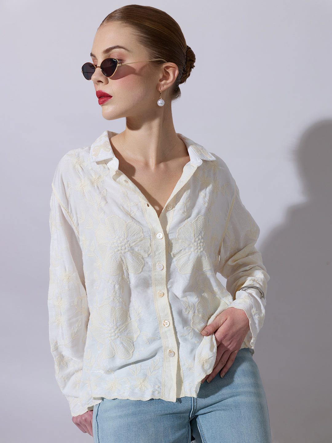 Women's Textured Cream Embroidered Shirt