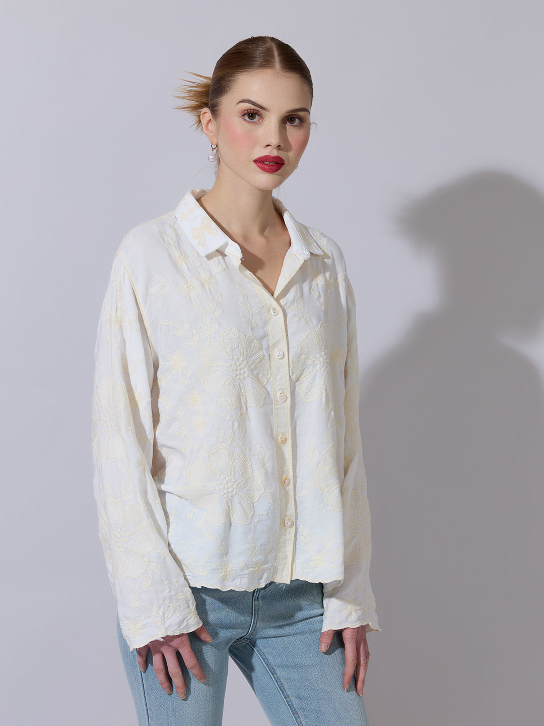 Women's Textured Cream Embroidered Shirt