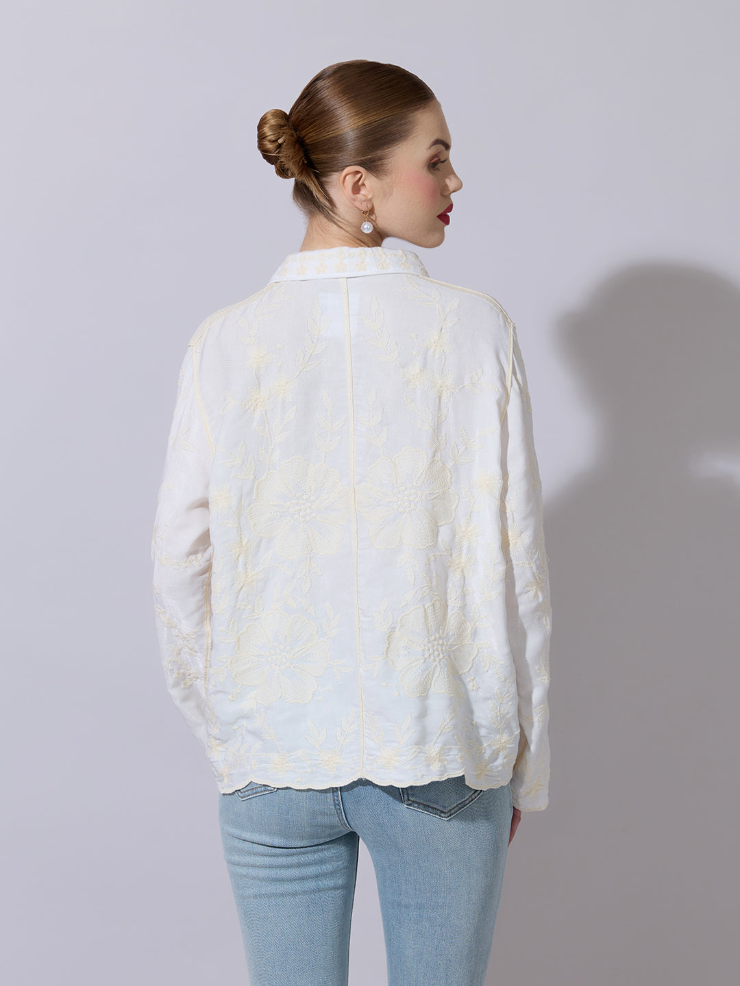 Women's Textured Cream Embroidered Shirt