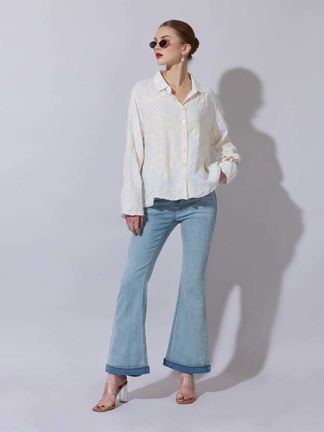 Women's Textured Cream Embroidered Shirt