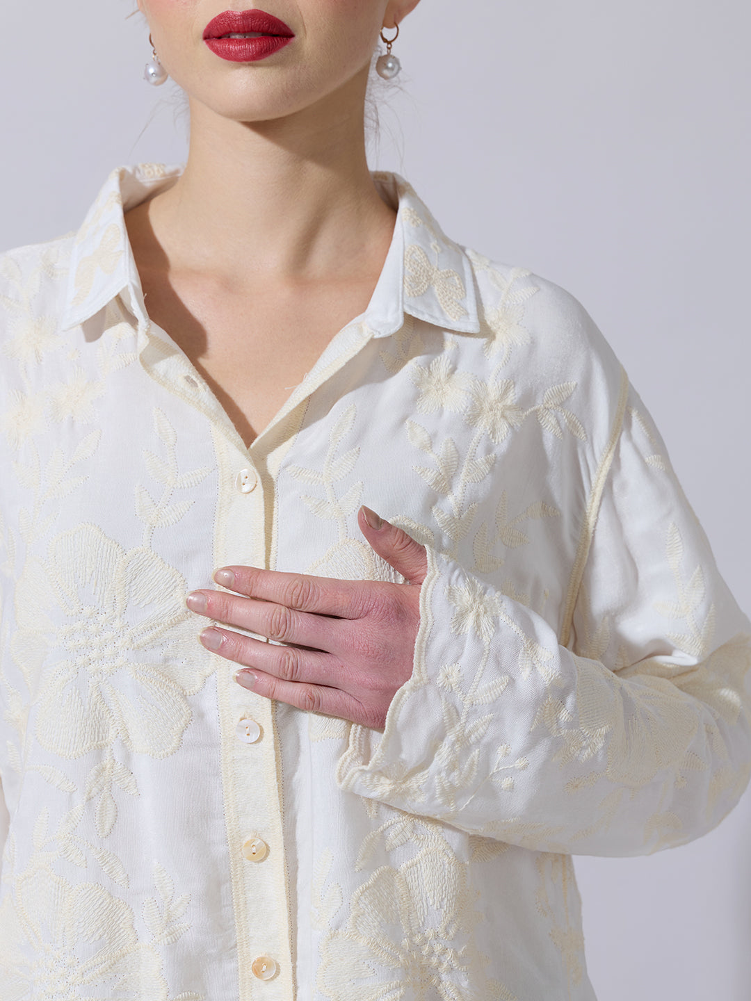 Women's Textured Cream Embroidered Shirt