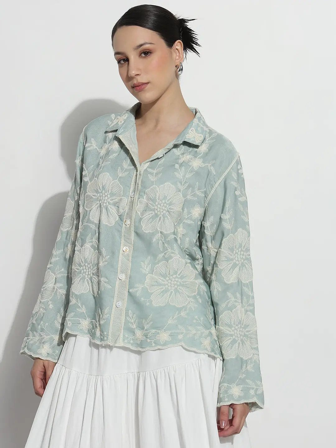 Women's Floral Embroidered Sea Green Relaxed Fit Shirt - from SHOWOFFFF