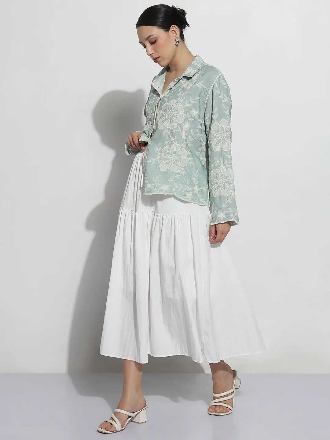 Women's Floral Embroidered Sea Green Relaxed Fit Shirt - from SHOWOFFFF