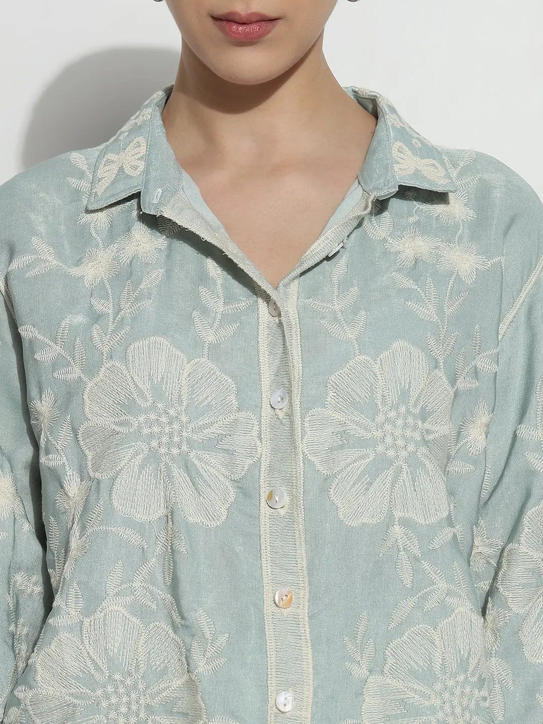 Women's Floral Embroidered Sea Green Relaxed Fit Shirt - from SHOWOFFFF