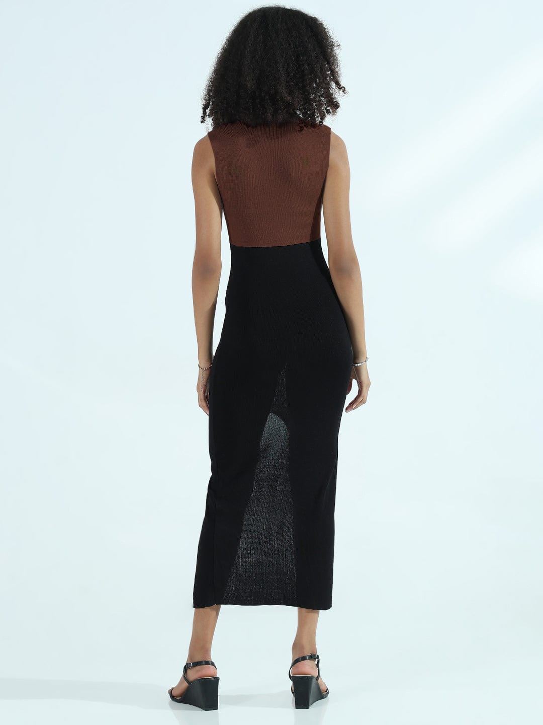 Women's Ribbed Colorblocked Brown High Neck Bodycon Dress with Front Slit