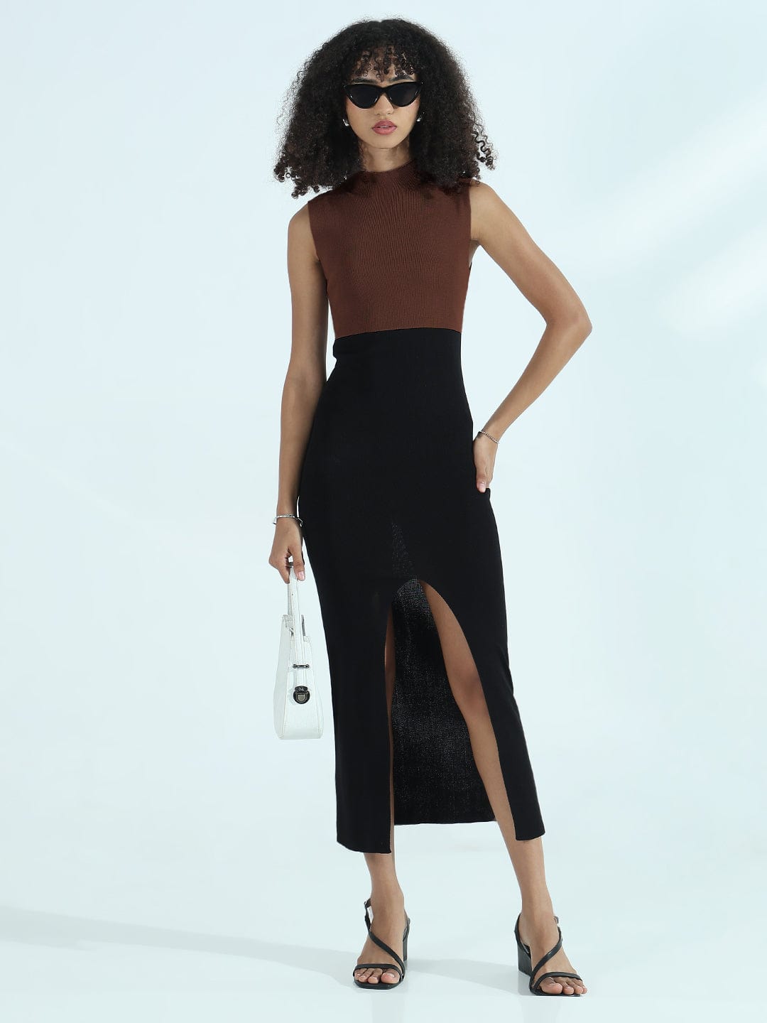 Women's Ribbed Colorblocked Brown High Neck Bodycon Dress with Front Slit