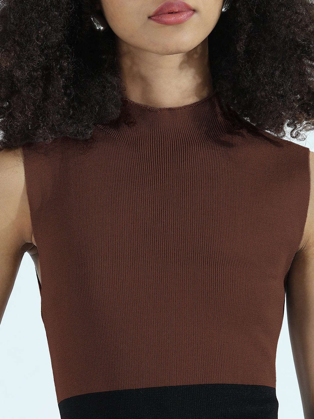 Women's Ribbed Colorblocked Brown High Neck Bodycon Dress with Front Slit