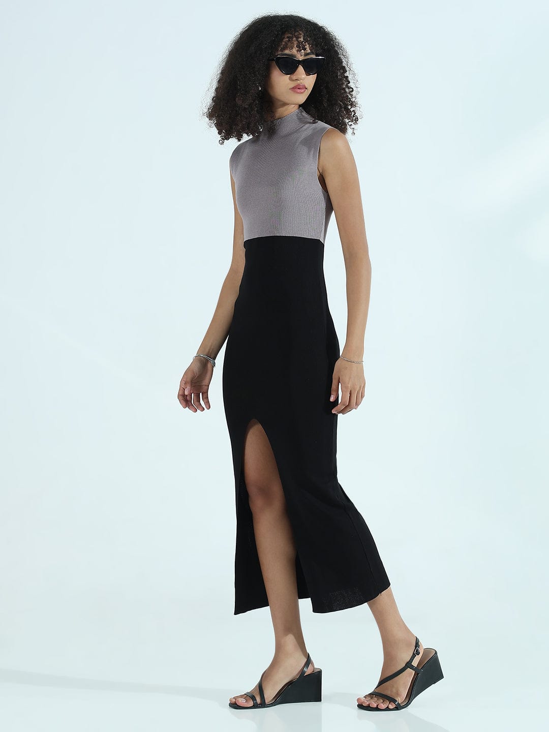 Women's Ribbed Colourblocked Grey High Neck Bodycon Dress with Front Slit