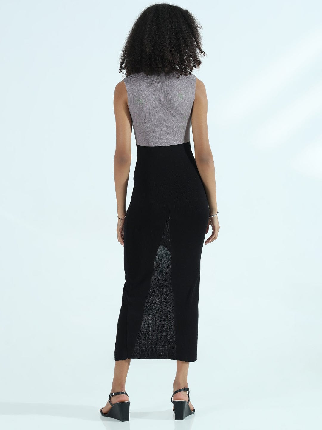 Women's Ribbed Colourblocked Grey High Neck Bodycon Dress with Front Slit