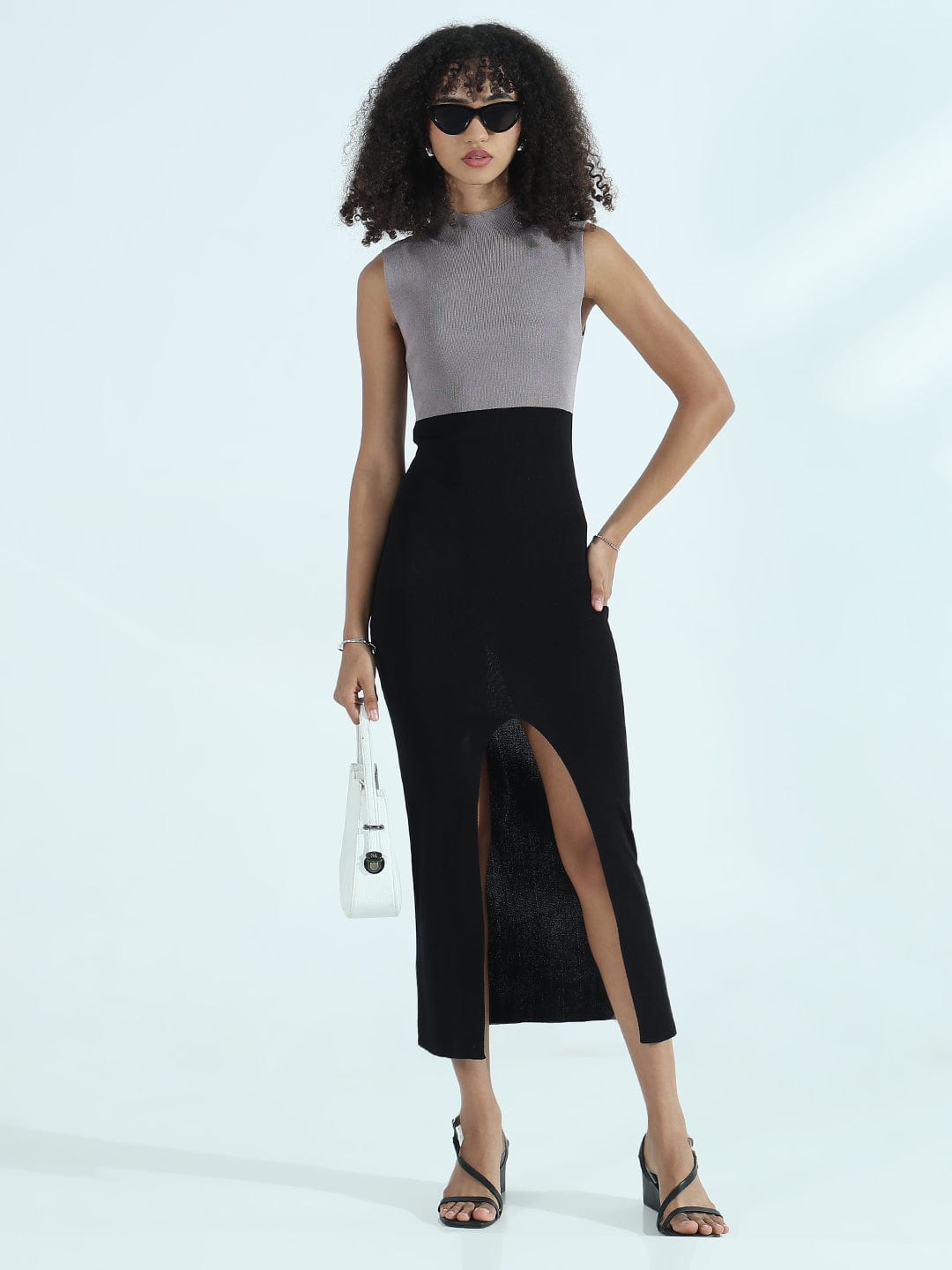Women's Ribbed Colourblocked Grey High Neck Bodycon Dress with Front Slit