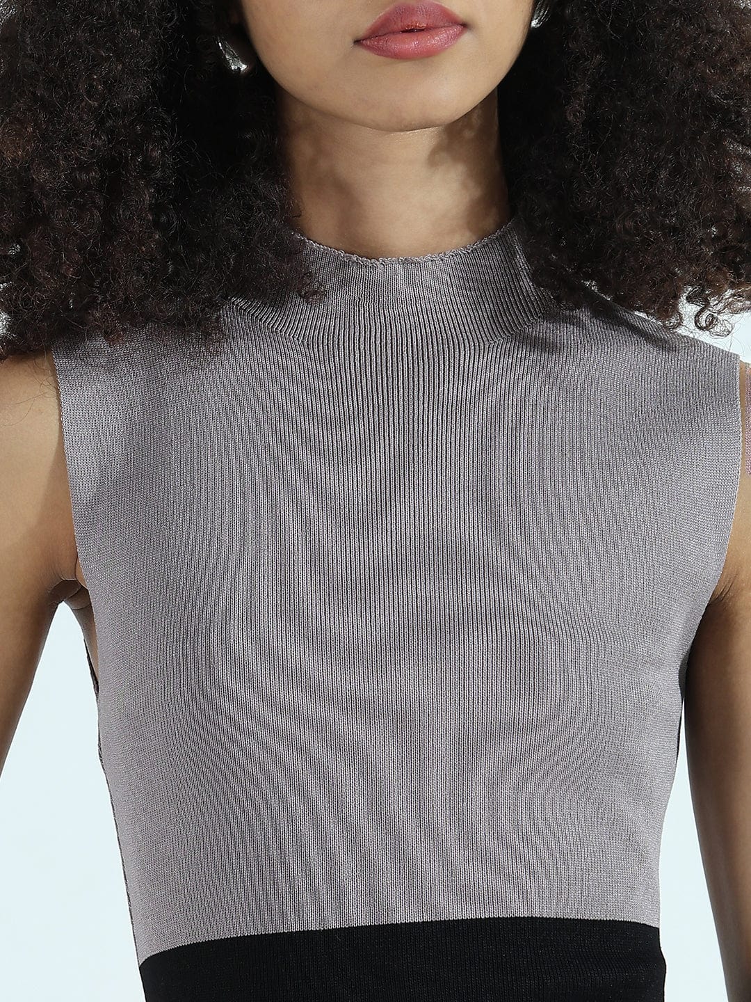 Women's Ribbed Colourblocked Grey High Neck Bodycon Dress with Front Slit